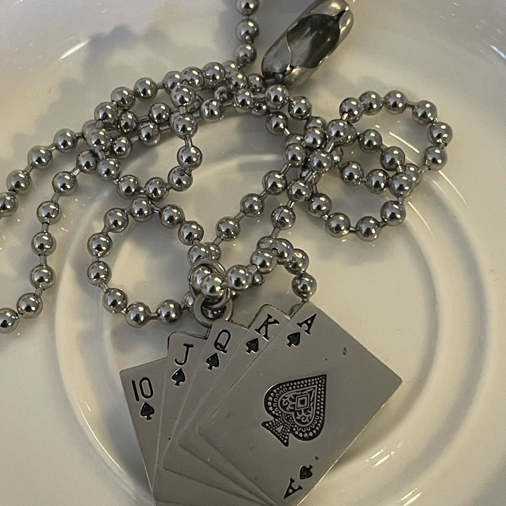 Silver Jewelry Necklace with Beaded Chain and Playing Card Pendant SOLD